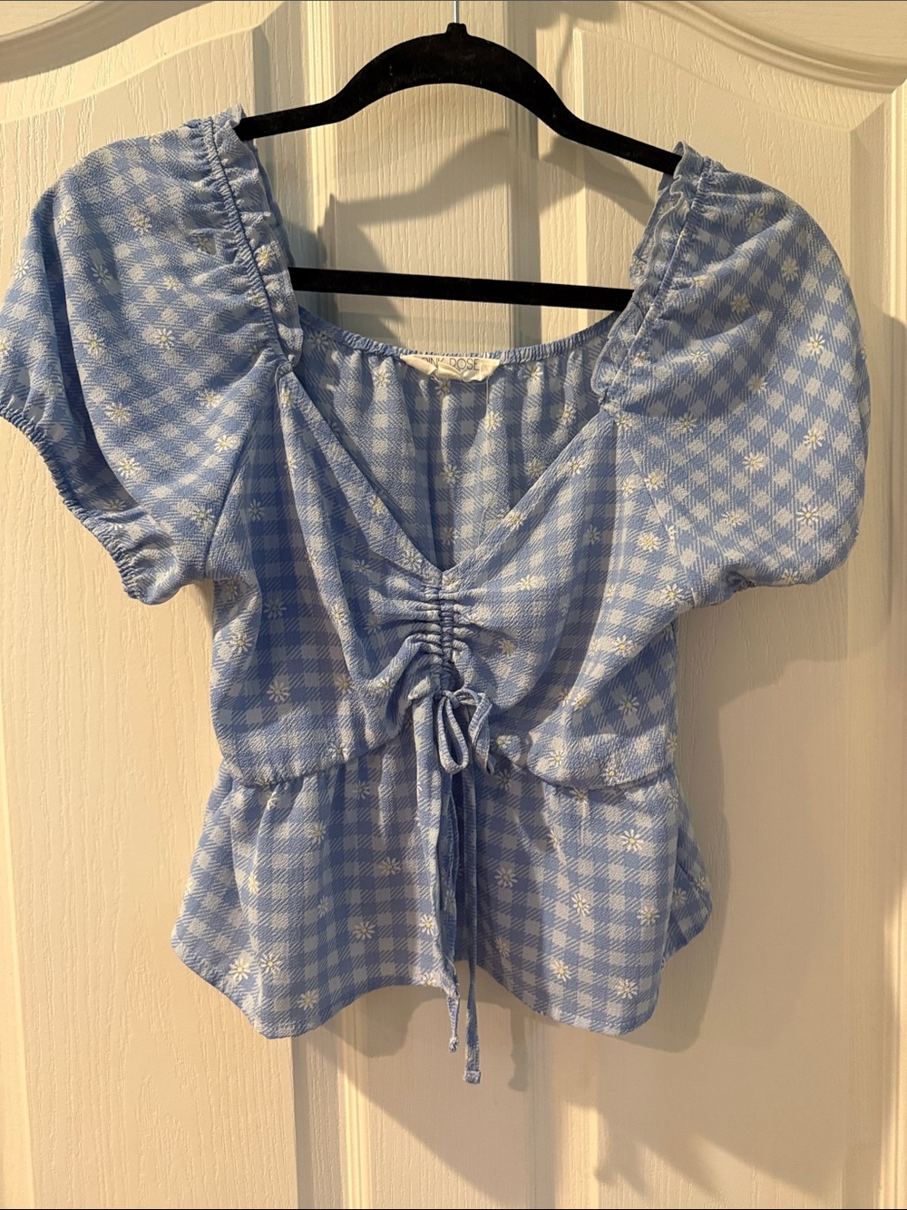 Pink Rose Blue Gingham Ruched Tie-Front Puff Sleeve Blouse